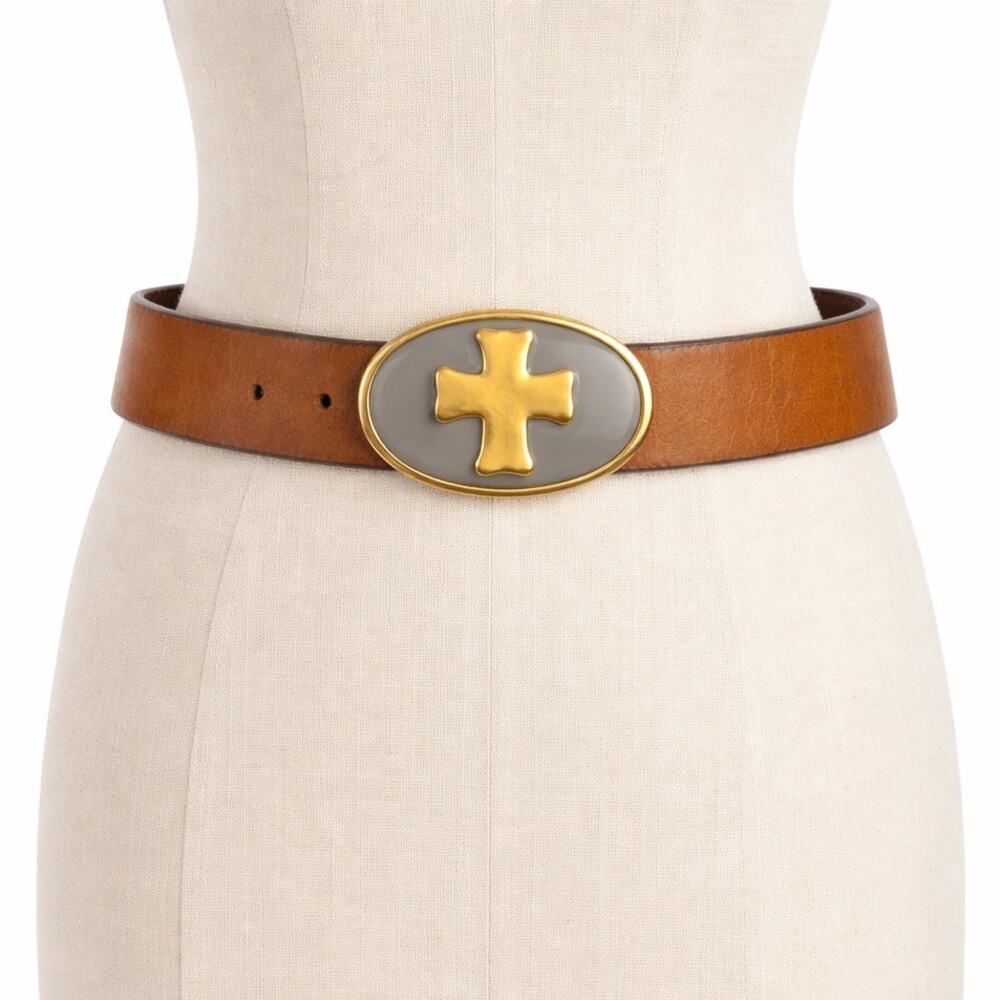 Swanky Belts Gold Cross Buckle Boho Western Leather Belt Size 32 Brown 32-38 USA